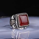 ​Gümüş Kare Akik Taşlı Erkek Yüzük