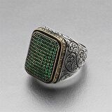 Gümüş Yeşil Zirkon Taşlı Kare Erkek Yüzük