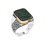 Gümüş Yeşil Zirkon Taşlı Kare Erkek Yüzük