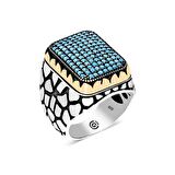 Gümüş Turkuaz Zirkon Taşlı Kare Erkek Yüzük