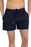 Lacivert Likralı Esnek Kumaş Su İtici Özellikli Düz Renk Erkek Plaj Deniz Şort Mayo - 2201-Lacivert