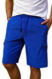 Saks Kargo Cepli Uzun Model Su İtici Özellikli Düz Renk Erkek Plaj Deniz Şort - 444-Saks