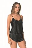 Markano  Siyah Saten Babydoll Şort Takımı