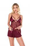 Markano  Bordo Saten Babydoll Şort Takımı