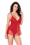Markano  Kırmızı Jakarlı Bodysuit Gecelik