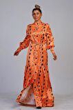 Markano Turuncu Hakim Yaka Desenli Etekleri Volanlı Saten Uzun Elbise