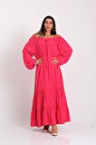 Markano Pembe Carmen Yaka Balon Kol Etekleri Fistolu Oversize Uzun Elbise