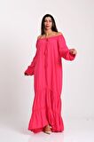 Markano Pembe Carmen Yaka Balon Kol Etekleri Fistolu Oversize Uzun Elbise