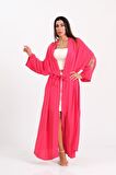 Markano Pembe Sırtı ve Kolları Nakışlı Püsküllü Uzun Kimono