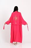 Markano Pembe Sırtı ve Kolları Nakışlı Püsküllü Uzun Kimono