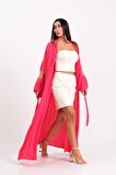 Markano Pembe Sırtı ve Kolları Nakışlı Püsküllü Uzun Kimono