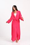 Markano Pembe Sırtı ve Kolları Nakışlı Püsküllü Uzun Kimono