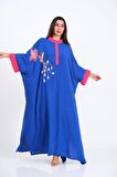 Markano Saks Mavi Kuş Çiçek Nakışlı Yarasa Kol Oversize Uzun Elbise