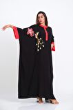 Markano Siyah Kuş Çiçek Nakışlı Yarasa Kol Oversize Uzun Elbise