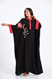 Markano Siyah Kuş Çiçek Nakışlı Yarasa Kol Oversize Uzun Elbise
