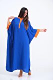 Markano Saks Mavi Sırtı Palmiye Nakışlı Yarasa Kol Oversize Uzun Elbise