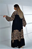 Markano Siyah Balon Kol Leopar Desen Garnili Oversize Uzun Elbise