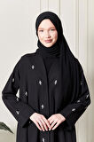 Siyah Önü Çıtçıtlı Cepli Taş İşlemeli Abaya - Ferace