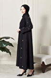 Siyah Önü Çıtçıtlı Cepli Taş İşlemeli Abaya - Ferace