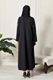 Siyah Önü Çıtçıtlı Cepli Taş İşlemeli Abaya - Ferace