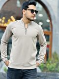 Yarım Fermuarlı Kolej Yaka Sweatshirt Regular Fit-Bej