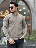 Yarım Fermuarlı Kolej Yaka Sweatshirt Regular Fit-Kahverengi