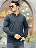 Yarım Fermuarlı Kolej Yaka Sweatshirt Regular Fit-Siyah