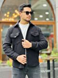 Miron Siyah Kıvırcık Dokulu Kumaş Gömlek Yaka Cepli Regular Fit Ceket