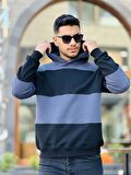 Miron Füme Siyah Blok Parçalı Overisize Kapşonlu Üç İplik Sweatshirt