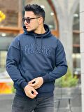Miron Lacivert Fell Better Nakışlı Kapşonlu Üç İplik Oversize Sweatshirt
