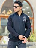 Miron Siyah Üç İplik Fermuarlı Nakış Detaylı Regular Fit Sweatshirt