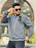 Miron Antrasit Üç İplik Fermuarlı Nakış Detaylı Regular Fit Sweatshirt