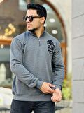 Miron Antrasit Üç İplik Fermuarlı Nakış Detaylı Regular Fit Sweatshirt