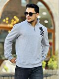 Miron Gri Üç İplik Fermuarlı Nakış Detaylı Regular Fit Sweatshirt