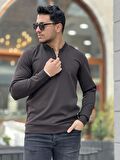 Yarım Fermuarlı Kolej Yaka Sweatshirt Regular Fit-Koyu Kahverengi