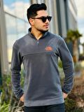 Miron Füme Unisex Nakışlı Dik Yaka Yarım Fermuarlı Polar Sweatshirt