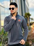 Miron Füme Unisex Nakışlı Dik Yaka Yarım Fermuarlı Polar Sweatshirt
