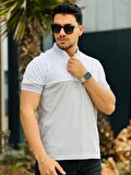 Miron Beyaz Gri Kagi Ston Parçalı Polo Yaka Kısa Kollu Tişört