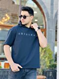 Miron Lacivert Originals Nakışlı Kapşonlu İki İplik Kısa Kollu Tişört