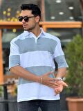 Miron Gri Beyaz Polo Yaka Blok Parçalı Oversize Tişört