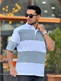 Miron Gri Beyaz Polo Yaka Blok Parçalı Oversize Tişört