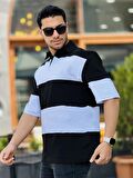 Miron Siyah Beyaz Polo Yaka Blok Parçalı Oversize Tişört