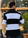 Miron Siyah Beyaz Polo Yaka Blok Parçalı Oversize Tişört