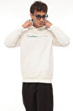 Miron Beyaz Sırt Şeritli Kapüşonlu Üç İplik Oversize Sweatshirt-2437 
