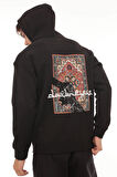 Miron Siyah Sırtı Etnik Baskılı Kapüşonlu  Üç İplik Oversize Sweatshirt-2438 