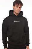 Miron Siyah Sırtı Baskılı Kapüşonlu Üç İplik Oversize Sweatshirt- 2441