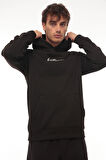 Miron Siyah Sırtı Baskılı Kapüşonlu Üç İplik Oversize Sweatshirt- 2441