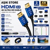 HDMI 2.0 Kablo 3 Metre 4K Ultra HD 18Gbps Altın Uçlu HDR Destekli TV Monitör PS5 Xbox Laptop Uyumlu