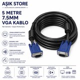 VGA Kablo 5 Metre 7.5mm Kalın Çift Ferrit Filtreli Monitör Projeksiyon Bilgisayar VGA Erkek Erkek Kablo
