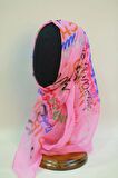 Pembe Fuşya Sax Mavisi Renk İpek Polyester Desenli Eşarp Şal